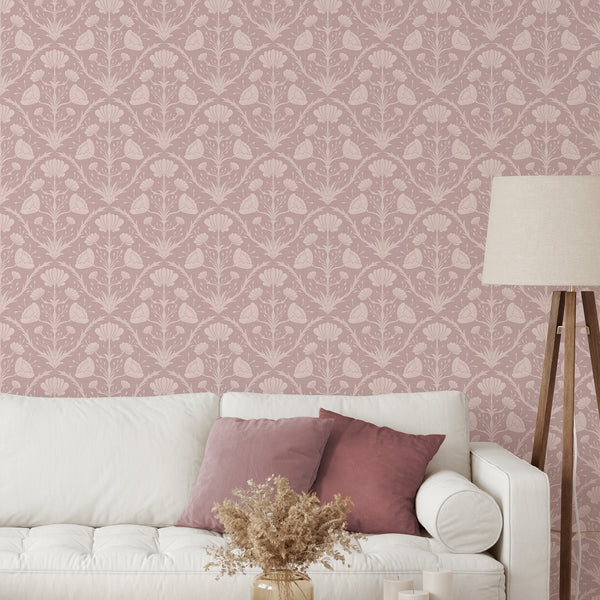 Pre-pasted pink wallpaper with subtle texture, perfect for cottagecore bedrooms and vintage-look walls.