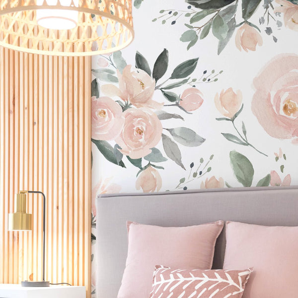 Soft Pink Roses Wall Mural WM011 - CostaCover - Peel and stick Removable Wallpaper - baby bedroom - bedroom wallpaper - blush pink wallpaper