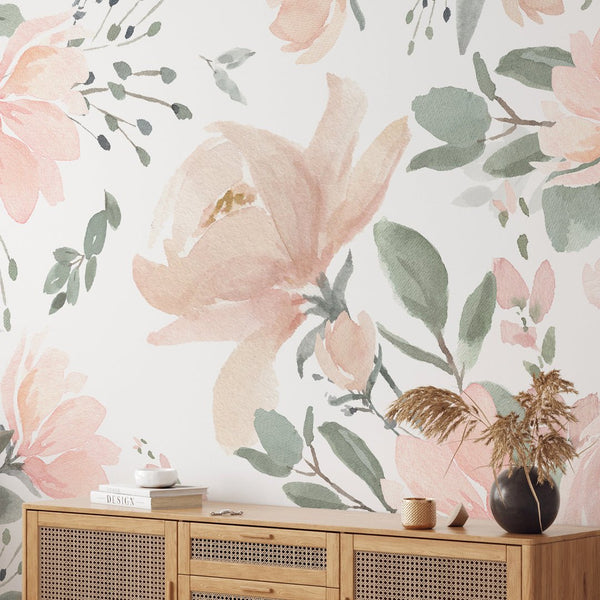 Pink Watercolor Roses Wall Mural WM012 - CostaCover - Peel and stick Removable Wallpaper - adhesive wallpaper - baby bedroom - bedroom wallpaper