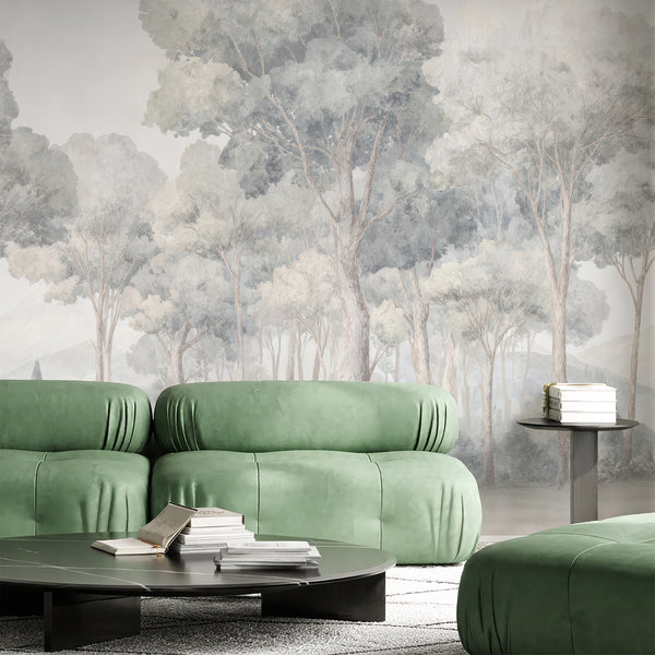 Misty forest wall mural in muted slate and pale sage, offering a calming modern ambiance. This removable, eco-friendly wallpaper is perfect for those seeking a temporary, high-quality decor solution.