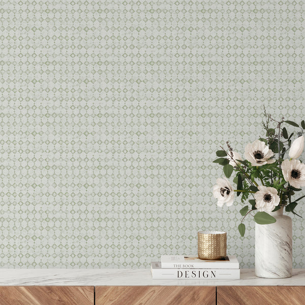 A distressed diamond lattice in pale sage green creates a subtle geometric pattern for Scandinavian spaces. The removable peel and stick design ensures easy application, perfect for renters and decorators seeking an elegant, modern touch.