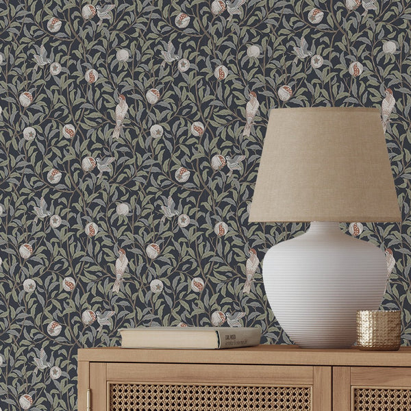 Blue Bird & Pomegranate by Morris Wallpaper W086 - CostaCover - Peel and stick Removable Wallpaper - abstract floral - abstract wall art - abstract wallpaper