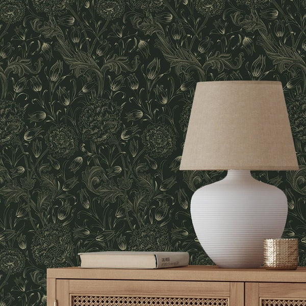 Dark Green Wild Tulip by Morris Wallpaper W113 - CostaCover - Peel and stick Removable Wallpaper - abstract floral - accent wallpaper - adhesive wallpaper