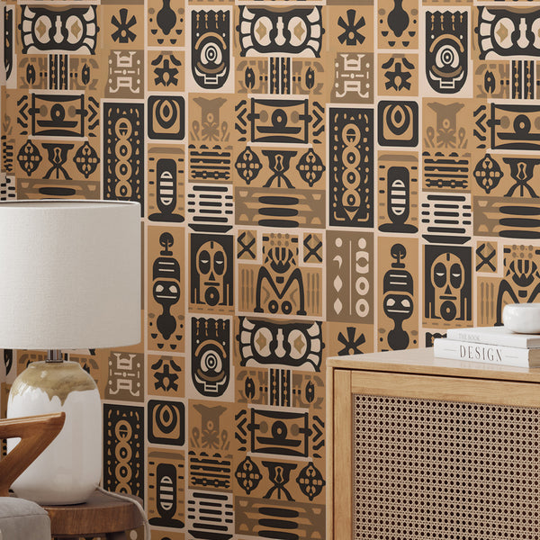 Beige Brown African Symbols Wallpaper W162 - CostaCover - Peel and stick Removable Wallpaper - abstract wallpaper - accent wallpaper - adhesive wallpaper