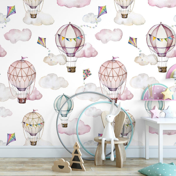 Pink Air Balloons & Clouds Wallpaper W072 - CostaCover - Peel and stick Removable Wallpaper - abstract wallpaper - accent wallpaper - adhesive wallpaper