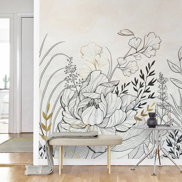 Black & Gold Flower Wall Mural CCM157 - CostaCover - Peel and stick Removable Wallpaper - Abstract - abstract floral - abstract lines
