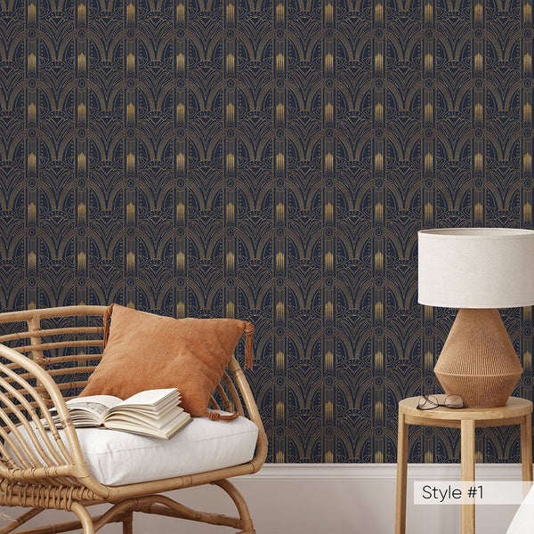 Blue Brown Gold Art Deco Wallpaper CC320 - CostaCover - Peel and stick Removable Wallpaper - Abstract Beige Gold Stripes Waves Removable Wallpaper near me - accent wallpaper - adhesive wallpaper
