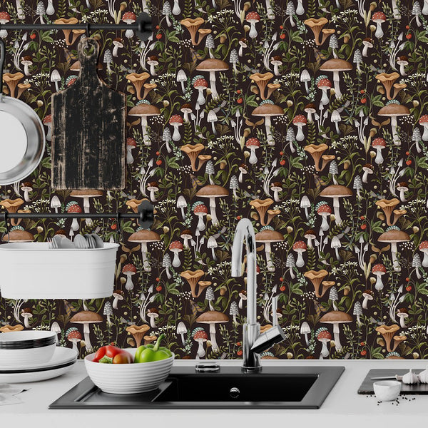 Brown Mushroom & Plants Wallpaper W147 - CostaCover - Peel and stick Removable Wallpaper - abstract floral - abstract wallpaper - accent wallpaper