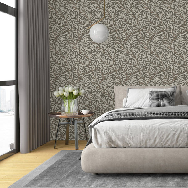 Fine willow branches and leaves in a dense lattice pattern on a taupe-brown background, perfect for a living room's accent wall. The eco-friendly materials ensure a high-quality, easy-to-use design.