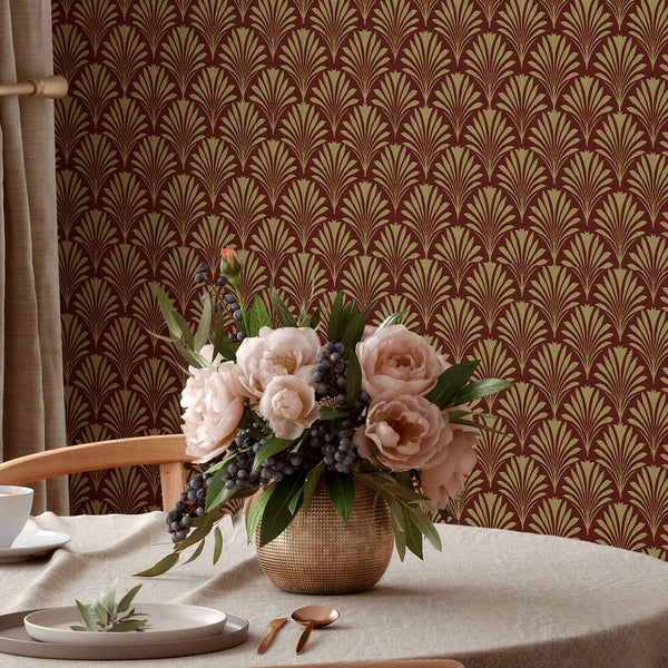 Burgundy Botanical Art Deco Wallpaper L019