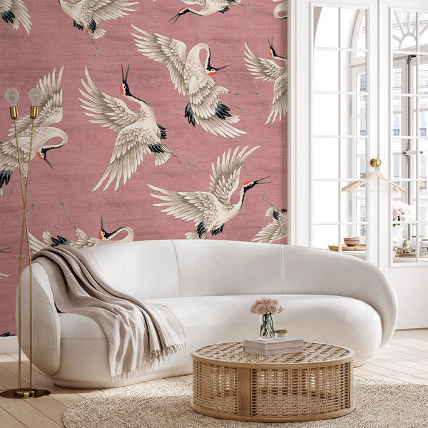 Flying Pink Japanese Cranes Wall Mural WM115 - CostaCover - Peel and stick Removable Wallpaper - accent wallpaper - adhesive wallpaper - animal texture