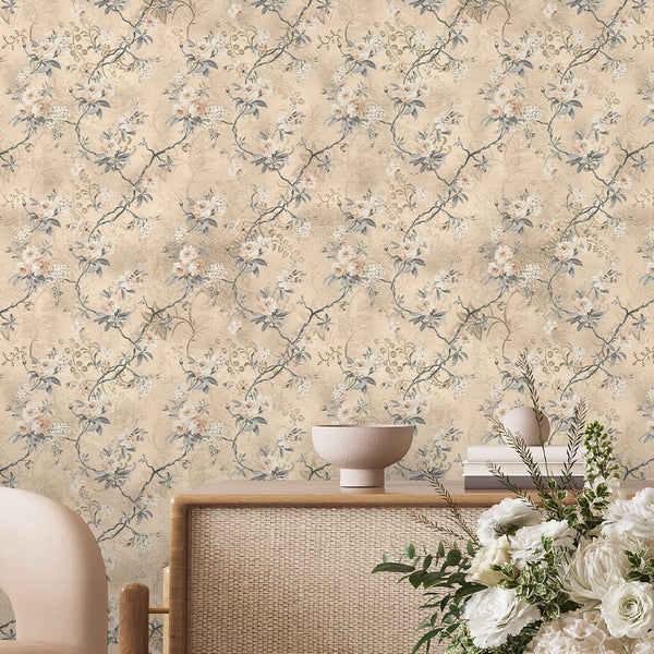 Beige Vintage Flowers Wallpaper S076 - CostaCover - Peel and stick Removable Wallpaper - abstract wallpaper - accent wallpaper - adhesive wallpaper