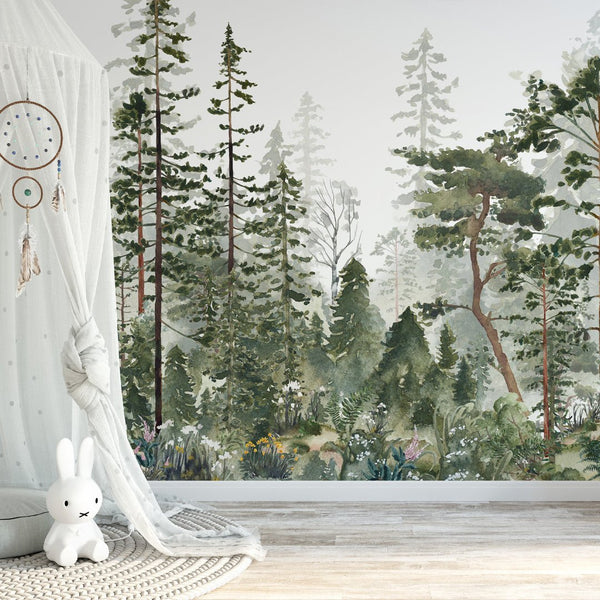 Green Pine Tree Forest Wall Mural WM050 - CostaCover - Peel and stick Removable Wallpaper - abstract wallpaper - adhesive wallpaper - baby bedroom