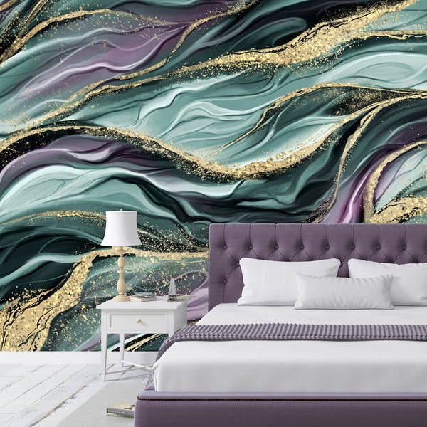 Green Purple Waves Wall Mural CCM121 - CostaCover - Peel and stick Removable Wallpaper - Abstract - abstract lines - abstract wall art