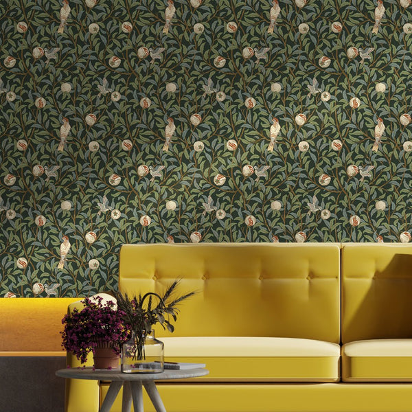 Green Bird & Pomegranate by Morris Wallpaper W087 - CostaCover - Peel and stick Removable Wallpaper - abstract wall art - abstract wallpaper - accent wallpaper