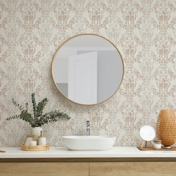 Traditional unpasted Rococo wallpaper with a linen-grain look in beige and brown, offering a sophisticated touch to any interior design. Ideal for renters and designers.