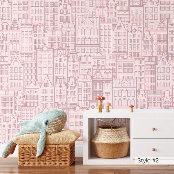 Blue Pink Beige City Houses Wallpaper CC311 - CostaCover - Peel and stick Removable Wallpaper - Abstract - Abstract Labyrinth Lines - abstract lines