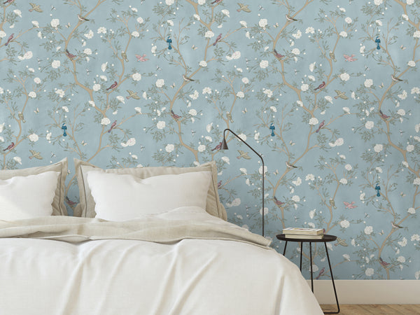 Blue Blossom Trees & Birds Wallpaper W058 - CostaCover - Peel and stick Removable Wallpaper - accent wallpaper - adhesive wallpaper - adhesive wallpaper design