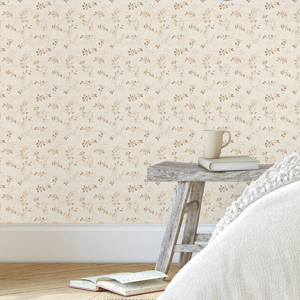 Beige Floral Vine Wallpaper with intricate, small-scale pattern, adding subtle botanical texture to any cozy room.
