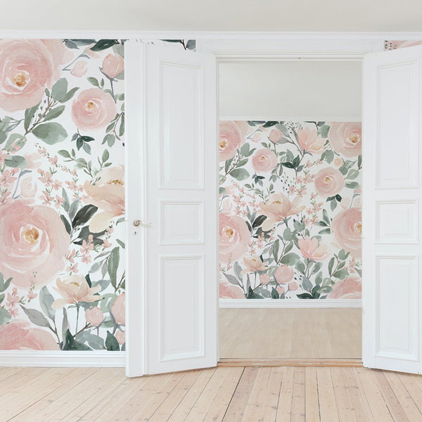 Soft Pink Roses Wall Mural WM013 - CostaCover - Peel and stick Removable Wallpaper - adhesive wallpaper - baby bedroom - bedroom wallpaper