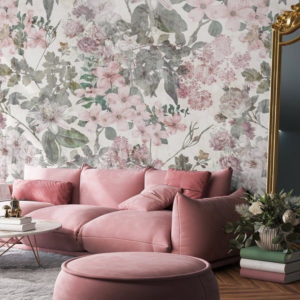Pink Vintage Flowers Garden Wall Mural SM042 - CostaCover - Peel and stick Removable Wallpaper - abstract floral - abstract wallpaper - accent wallpaper