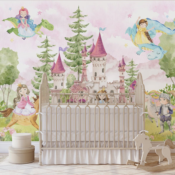 Magic Castle with Princesses Wall Mural WM069 - CostaCover - Peel and stick Removable Wallpaper - abstract floral - abstract wallpaper - accent wallpaper