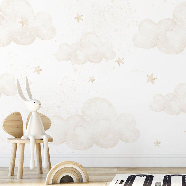 Beige Clouds Moon & Bunting Wall Mural SM070 - CostaCover - Peel and stick Removable Wallpaper - Abstract - abstract wall art - abstract wallpaper