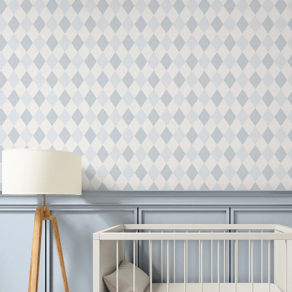 Sky blue and off-white wallpaper with a tight geometric rhythm. Offers a clean, modern look for bedrooms, nursery or playrooms. Traditional unpasted wallpaper available for permanent decor.