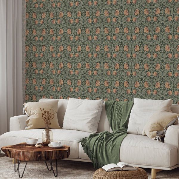 Orange & Green Pimpernel by Morris Wallpaper W081 - CostaCover - Peel and stick Removable Wallpaper - abstract floral - abstract wall art - abstract wallpaper