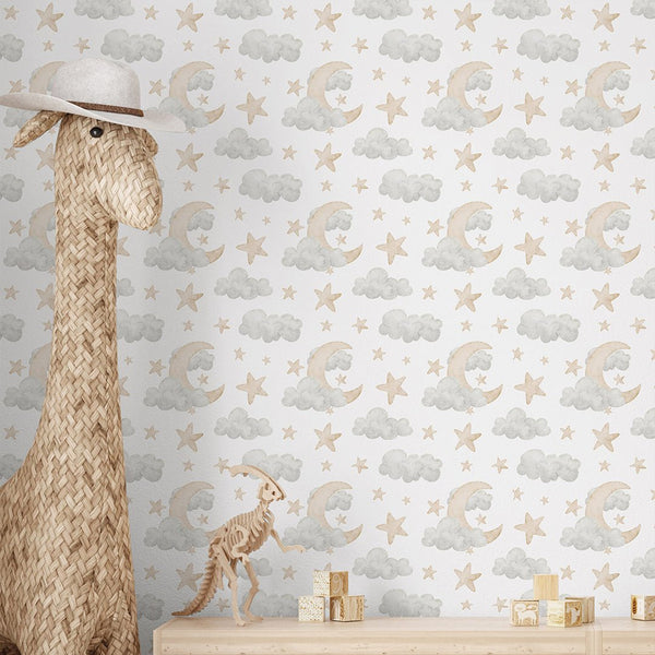 Clouds Moon & Stars Wallpaper S113 - CostaCover - Peel and stick Removable Wallpaper - abstract wall art - abstract wallpaper - accent wallpaper