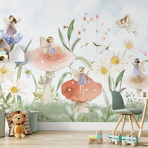 Fairies and Mushrooms Wall Mural SM051 - CostaCover - Peel and stick Removable Wallpaper - accent wallpaper - adhesive wallpaper - baby bedroom