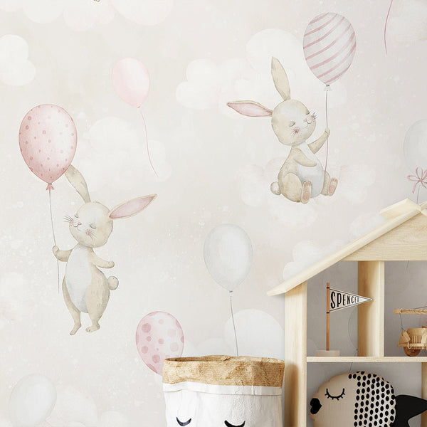 Beige Bunny & Balloons Wall Mural SM078 - CostaCover - Peel and stick Removable Wallpaper - abstract wall art - abstract wallpaper - accent wallpaper