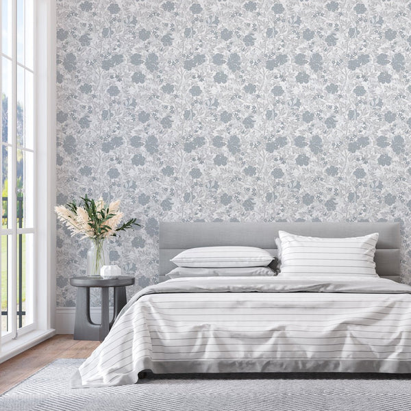 Blue & Gray Jasmine by Morris Wallpaper W104 - CostaCover - Peel and stick Removable Wallpaper - abstract floral - abstract wallpaper - accent wallpaper