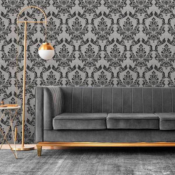 Black Gray Damask Wallpaper A028 - CostaCover - Peel and stick Removable Wallpaper - accent wallpaper - adhesive wallpaper - art deco bathroom
