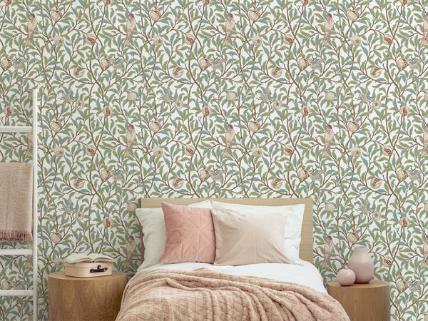 Green Bird & Pomegranate by Morris Wallpaper W088 - CostaCover - Peel and stick Removable Wallpaper - abstract wall art - abstract wallpaper - accent wallpaper