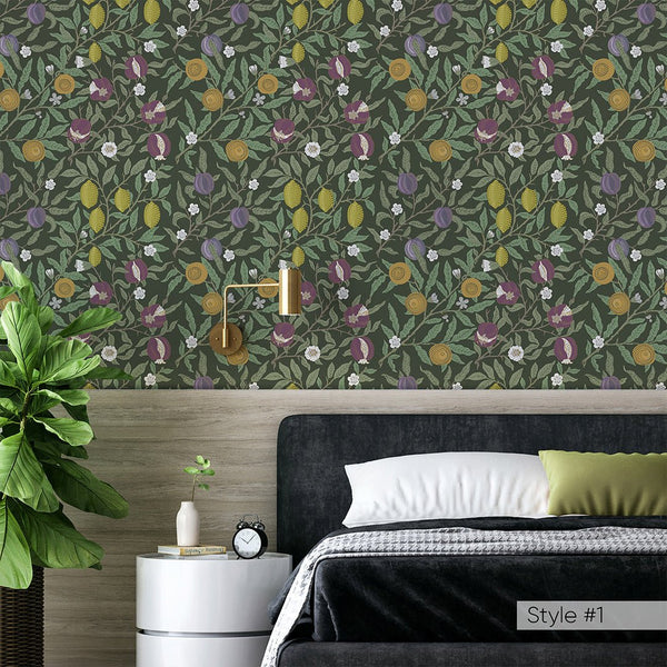 Green & White Fruit or Pomegranate by Morris Wallpaper W115 - CostaCover - Peel and stick Removable Wallpaper - abstract floral - abstract wall art - abstract wallpaper