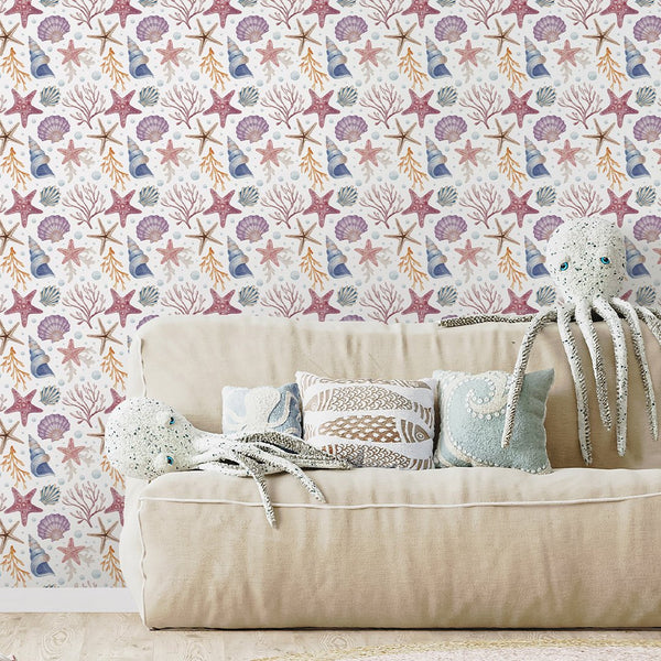 Seashells and Corals Wallpaper S090 - CostaCover - Peel and stick Removable Wallpaper - accent wallpaper - adhesive wallpaper - baby bedroom