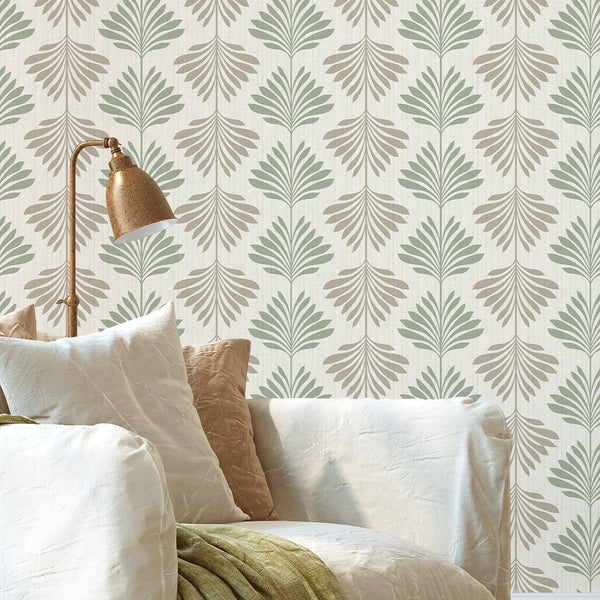 Sage Green Beige Palm Leaf Wallpaper L013