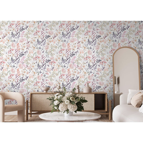 Pink Lilac Flower Bouquet Wallpaper S062 - CostaCover - Peel and stick Removable Wallpaper - accent wallpaper - adhesive wallpaper - baby bedroom
