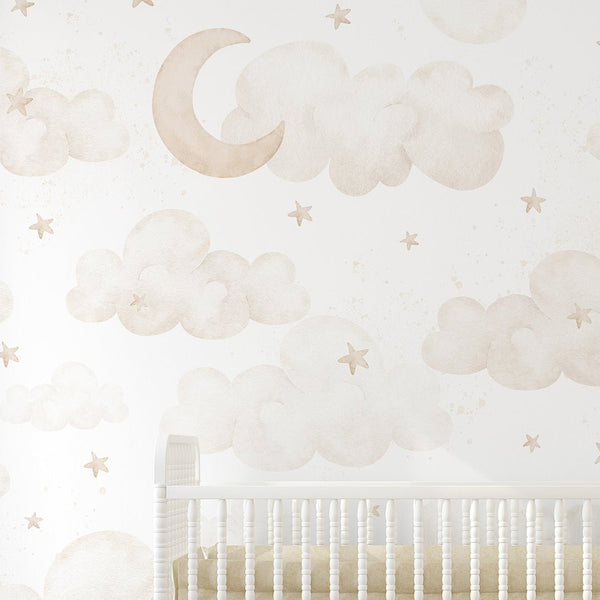 Beige Moon Clouds & Stars Wall Mural SM067 - CostaCover - Peel and stick Removable Wallpaper - Abstract - abstract wall art - abstract wallpaper