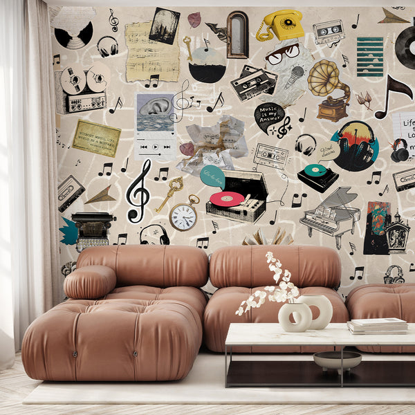 Beige Vintage Music Collage Wall Mural SM107