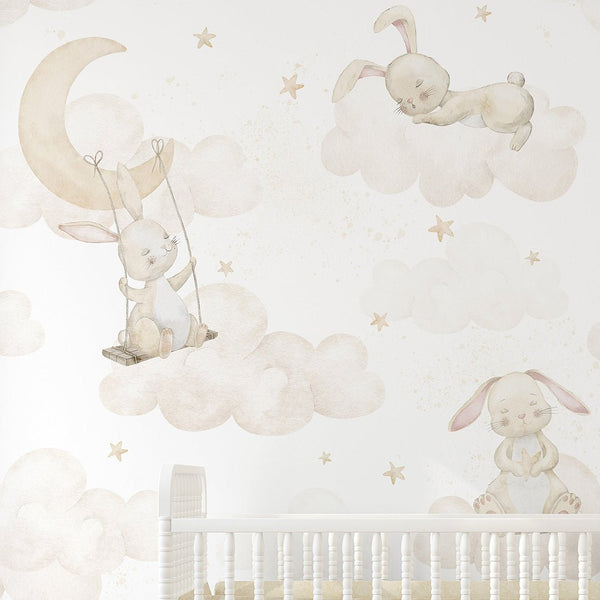 Beige Bunny on Clouds Wall Mural SM068 - CostaCover - Peel and stick Removable Wallpaper - Abstract - abstract wall art - abstract wallpaper