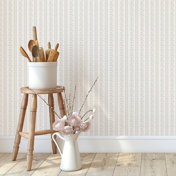 Beige Floral Stripe Wallpaper L133