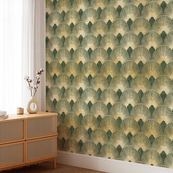 Green & Gold Effect Art Deco Wallpaper CC306 - CostaCover - Peel and stick Removable Wallpaper - Abstract - abstract wallpaper - accent wallpaper