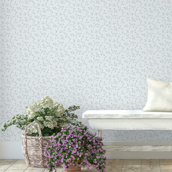 Dusty Blue Floral Vine Wallpaper L113