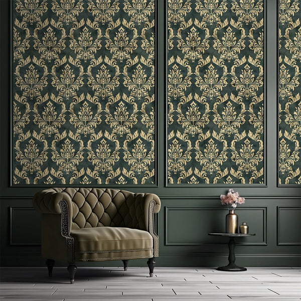 Gold Green Damask Wallpaper A029 - CostaCover - Peel and stick Removable Wallpaper - abstract wallpaper - accent wallpaper - adhesive wallpaper