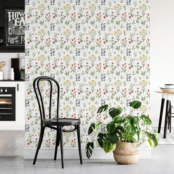 Yellow Flowers & Berries Wallpaper W075 - CostaCover - Peel and stick Removable Wallpaper - abstract wallpaper - accent wallpaper - adhesive wallpaper