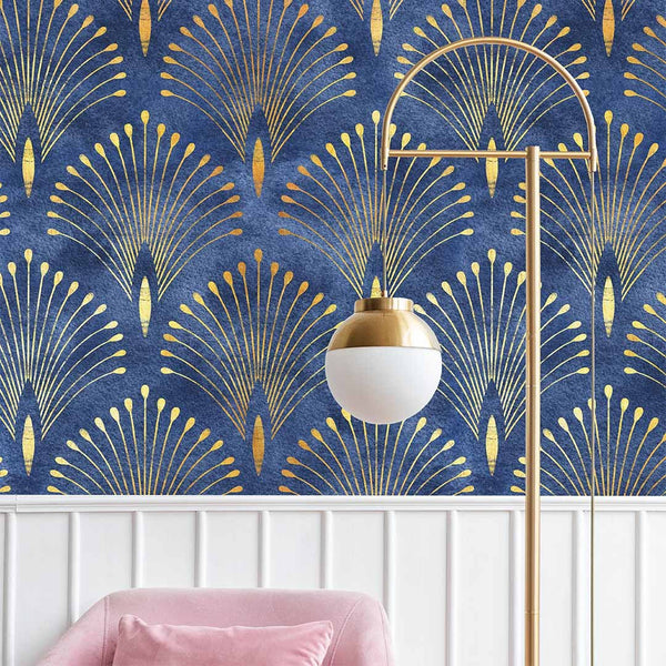Blue Gold Art Deco Wallpaper CC286 - CostaCover - Peel and stick Removable Wallpaper - abstract wallpaper - accent wallpaper - adhesive wallpaper