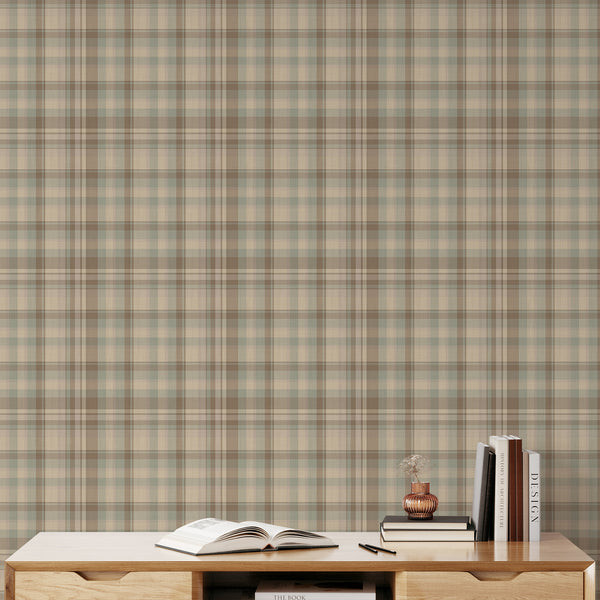 Rustic checkered wallpaper with large plaid blocks in soft beige, muted sage, and warm brown, featuring a vintage textile-inspired geometric pattern.