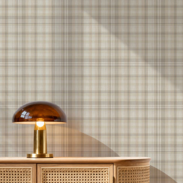Cottagecore tartan wallpaper in warm beige, light taupe and muted gray with a classic check pattern, ideal for charming English country interiors.